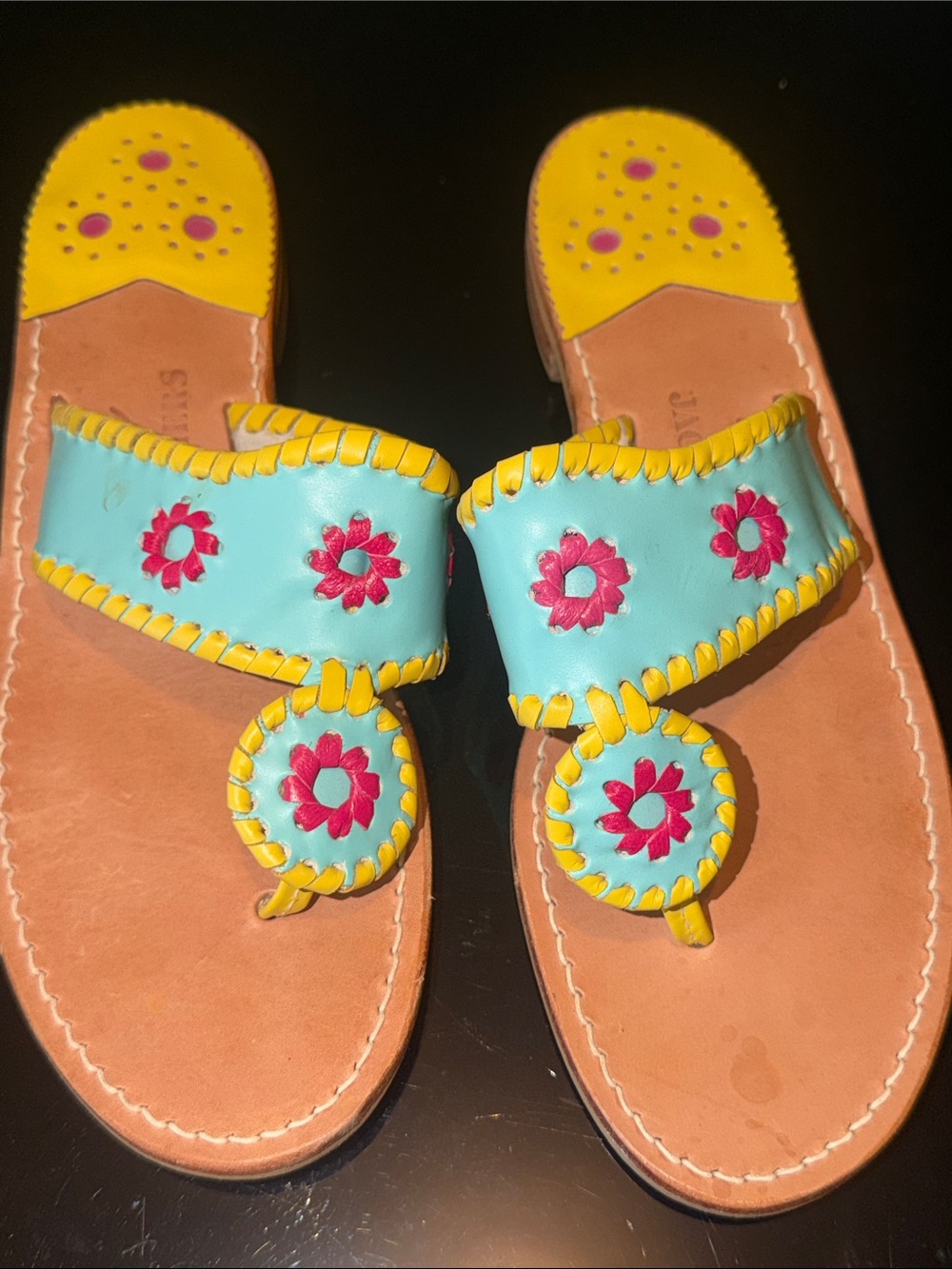 Jack Rogers Aqua, Yellow & Pink Floral Toe-Loop Sandals